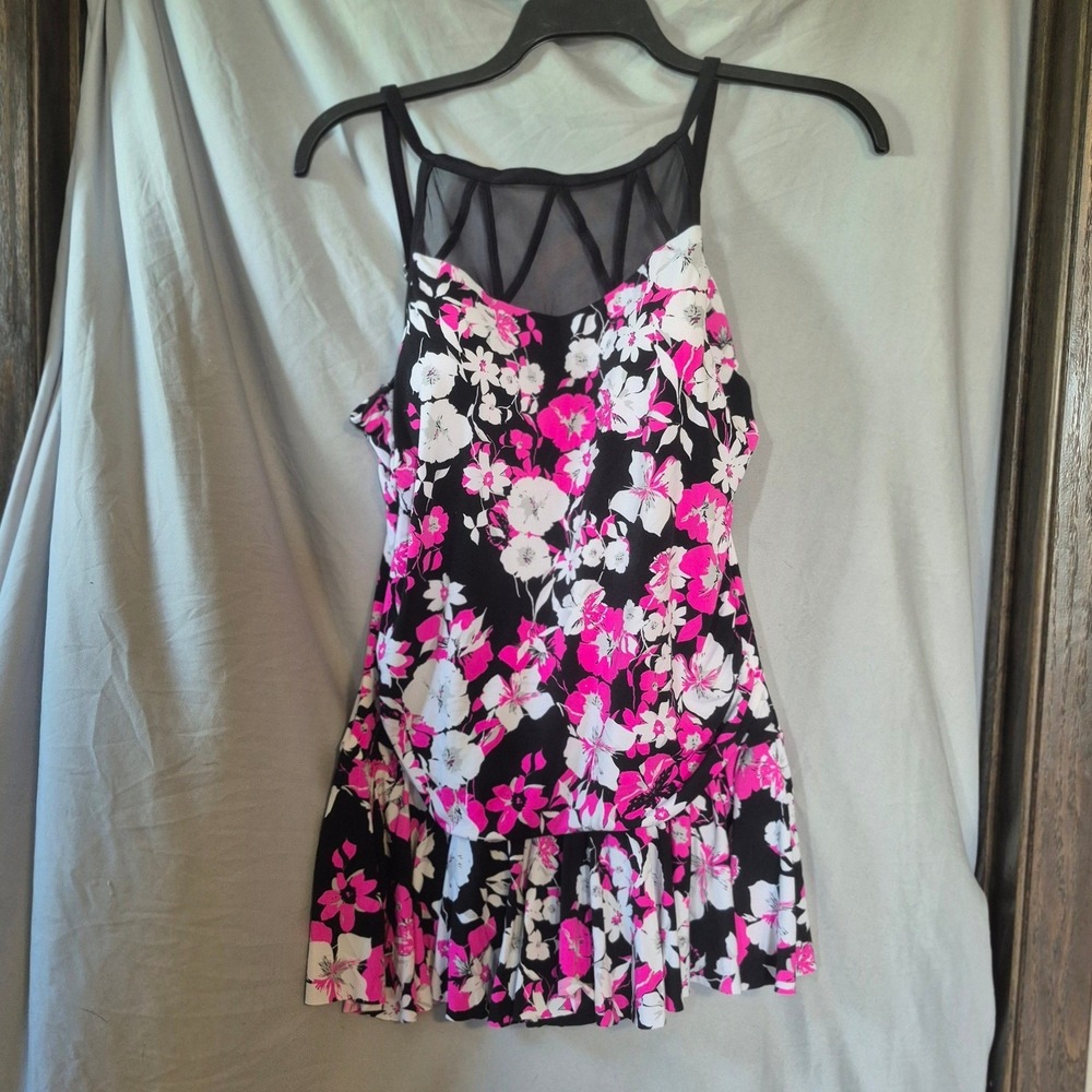 Simply Slim Women Pink Floral Swimdress Tummy Control Mesh Neck XL 16-18